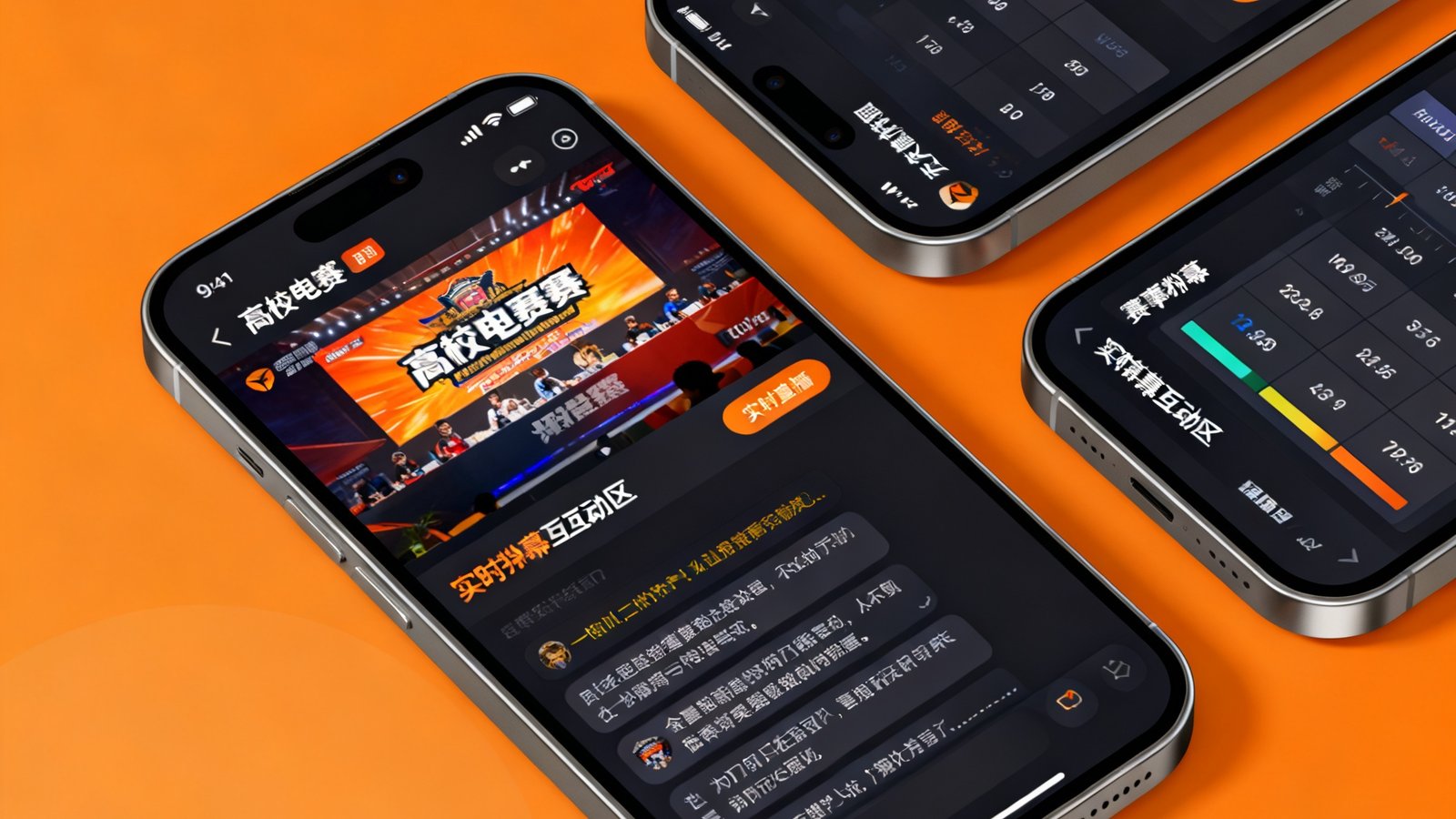 雷竞技APP手机界面展示截图，显示正在直播的高校电竞赛事实况、实时弹幕互动区以及赛事数据面板，画面以暖橙色为主色调，界面简洁现代。