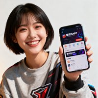 一位留着短发的年轻女性电竞爱好者半身照，穿着休闲卫衣，手持手机展示雷竞技APP界面，笑容开朗自然。